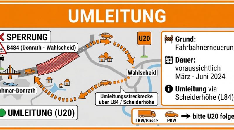Anreise zur JHV / Clubabend am 09.04.2026 ; B484 Ortsduchfahrt Donrath gesperrt